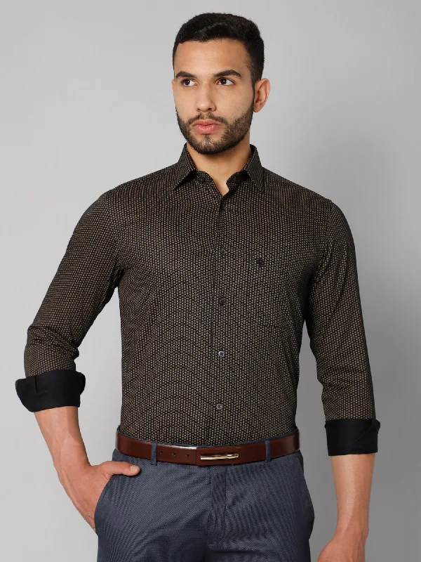 Elegant Outline Men's Black Party Geometric Ditsy Print Full Sleeve Shirt