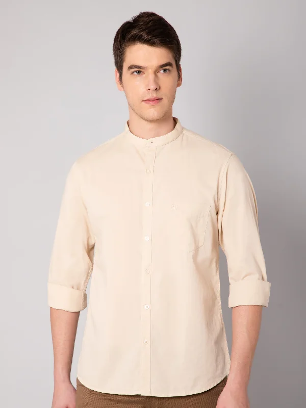 Soft Layers Men's Beige Casual Plain Full Sleeve Shirt