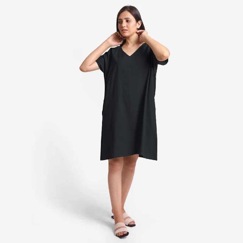 Trendy Casuals Black Cotton Flax V-Neck Short Shift Tunic