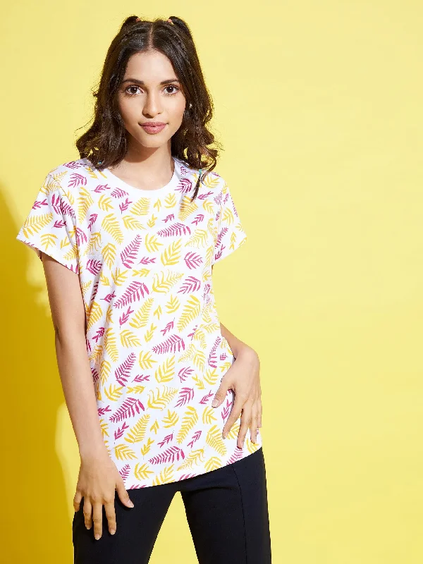 Urban Comfort Girls White Leaf Print T-Shirt