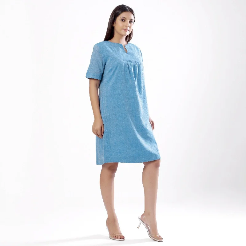 Trends Sky Blue Handspun Cotton Knee Length Yoked Dress