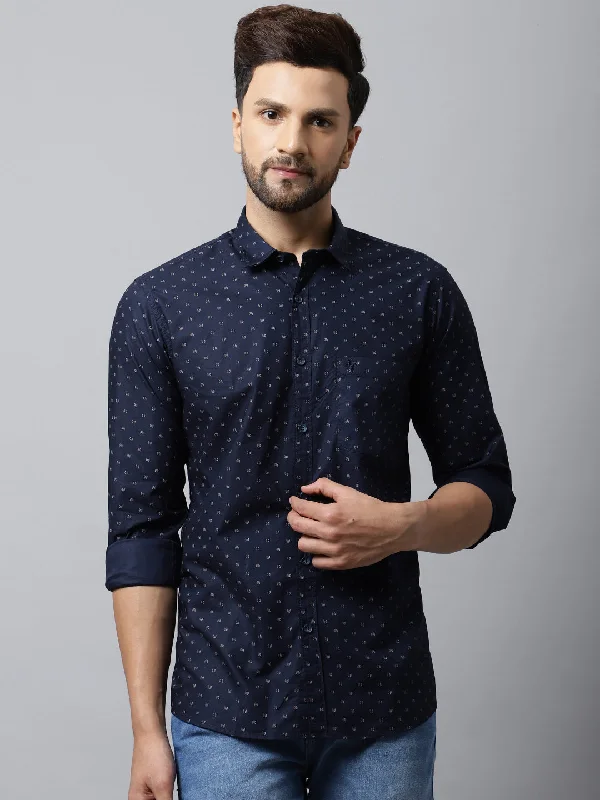 Cozy Fashions Men's Navy Blue Casual Geometric Print Full Sleeve Shirt