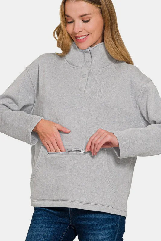 Casual Style Zenana Turtleneck Half Snap Fleece Sweatshirt