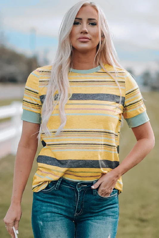 Autumn Selection Multicolored Striped Round Neck Tee Shirt