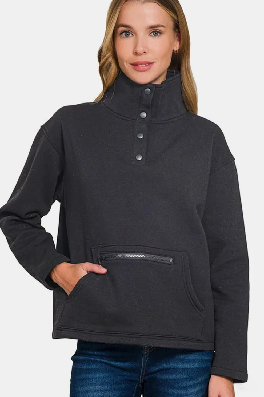 Elegant And Simple Zenana Turtleneck Half Snap Fleece Sweatshirt