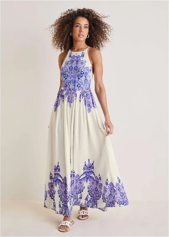 Chic Lounge Printed Linen Maxi Dress - Purple Paisley Border
