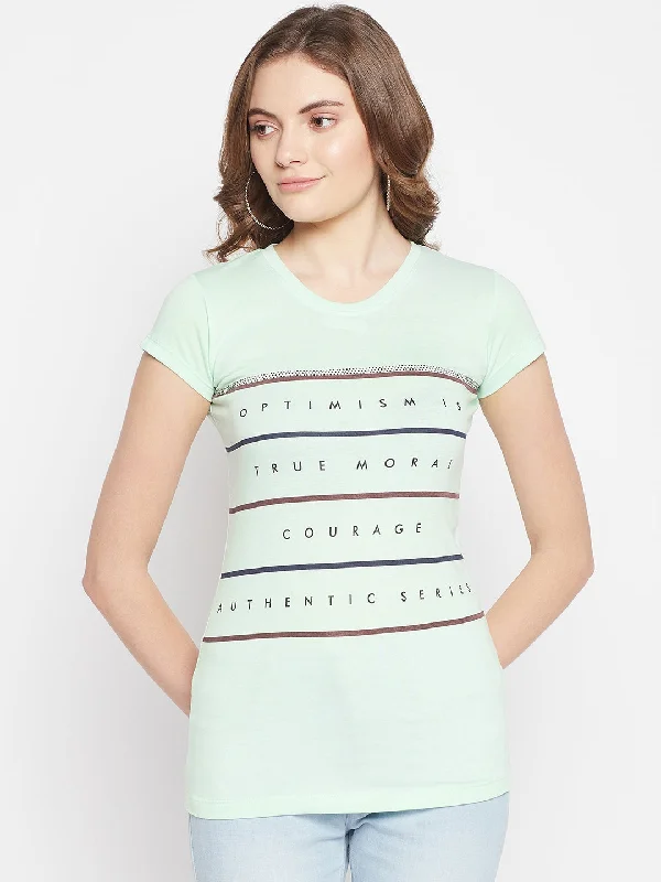 Cozy Footwear Women's Casual Regular Short Sleeve Light Green Round neck Typographic Print T-Shirt