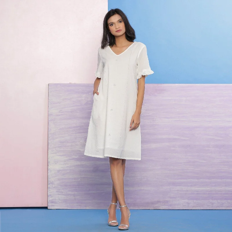 Comfy Pants White Organic Cotton Knee Length Hand-Embroidered Shift Dress