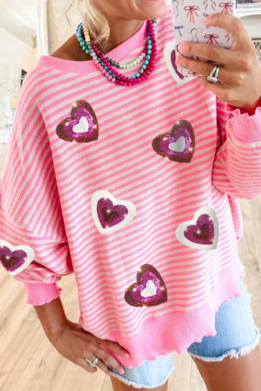 Customized Version Valentine’s Day Sequin Heart Striped Round Neck Long Sleeve Sweatshirt