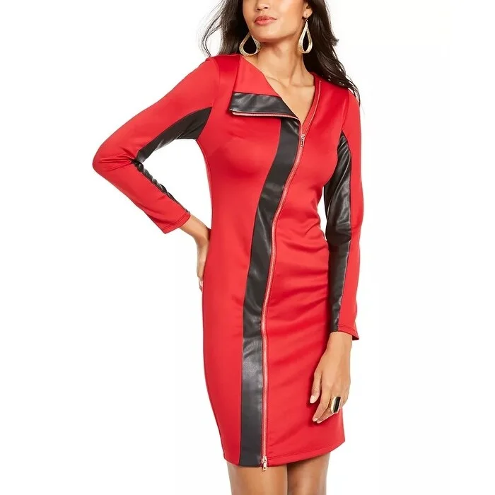 Soft Relaxation Wear Thalia Sodi Women's Faux Leather Trim Sheath Dress Red Size Medium