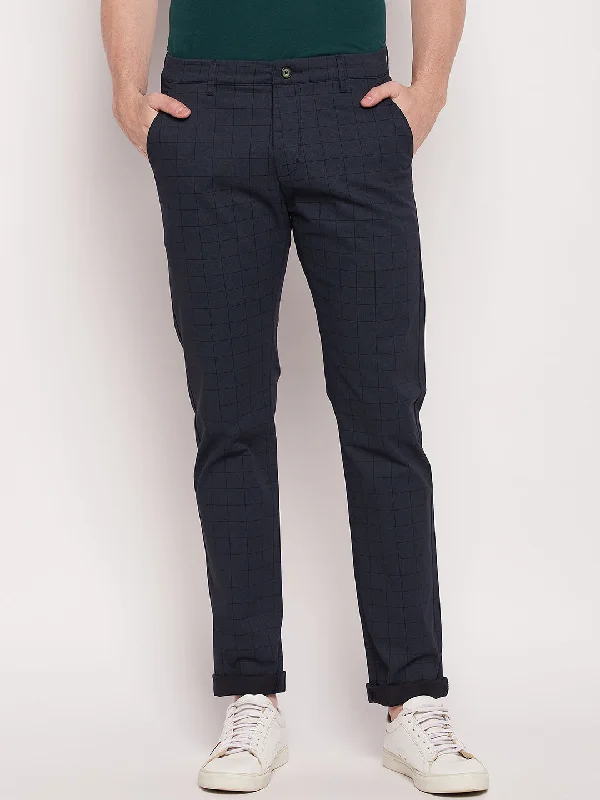 Design And Tailoring Men's Casual Flat front Navy Blue Checks Trousers