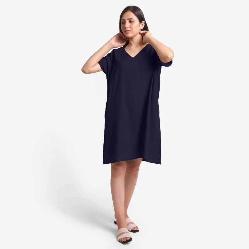 Exquisite Design Navy Blue Cotton Flax V-Neck Short Shift Tunic
