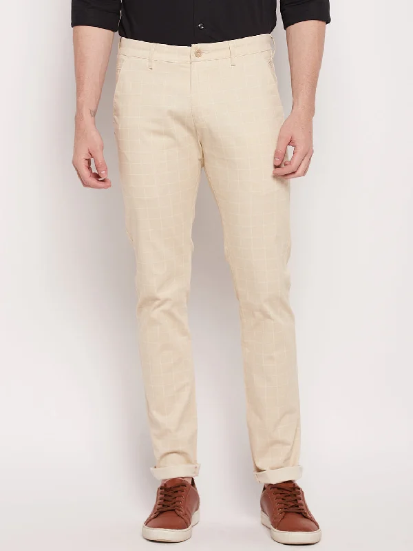 Classic Style Men's Casual Flat front Beige Checks Trousers