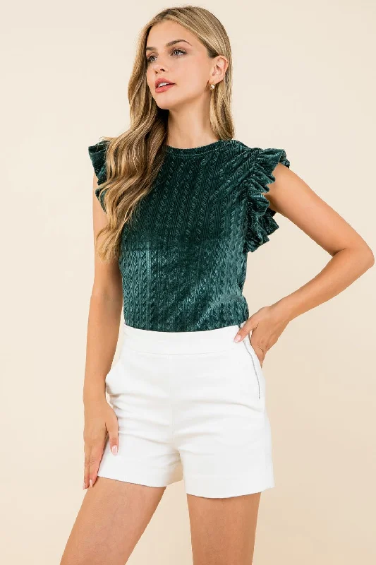 Relaxed Style Textured Velvet Ruffle Sleeve Top