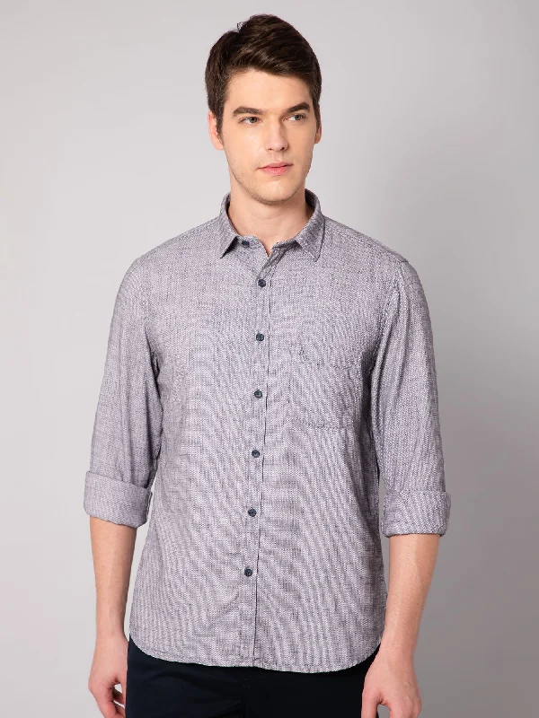 Slim Fit Men's Black Casual Self Textured Full Sleeve Shirt