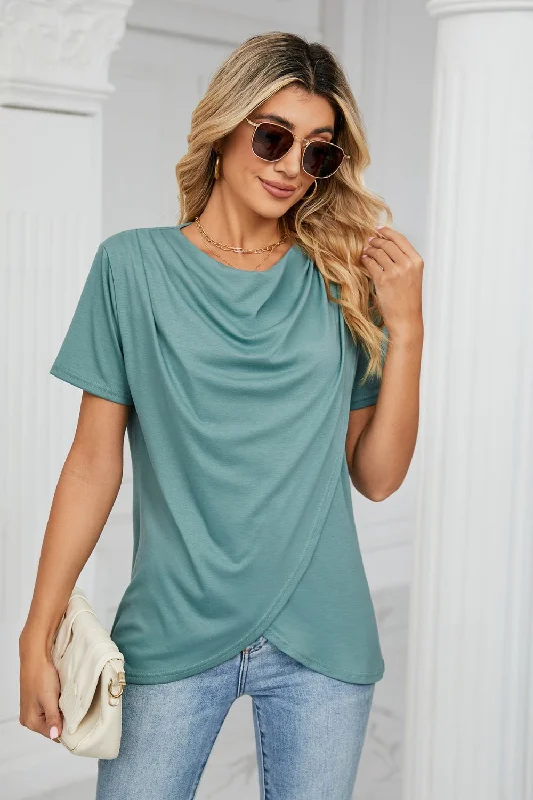 Age-reducing Style Cowl Neck Tulip Hem T-Shirt