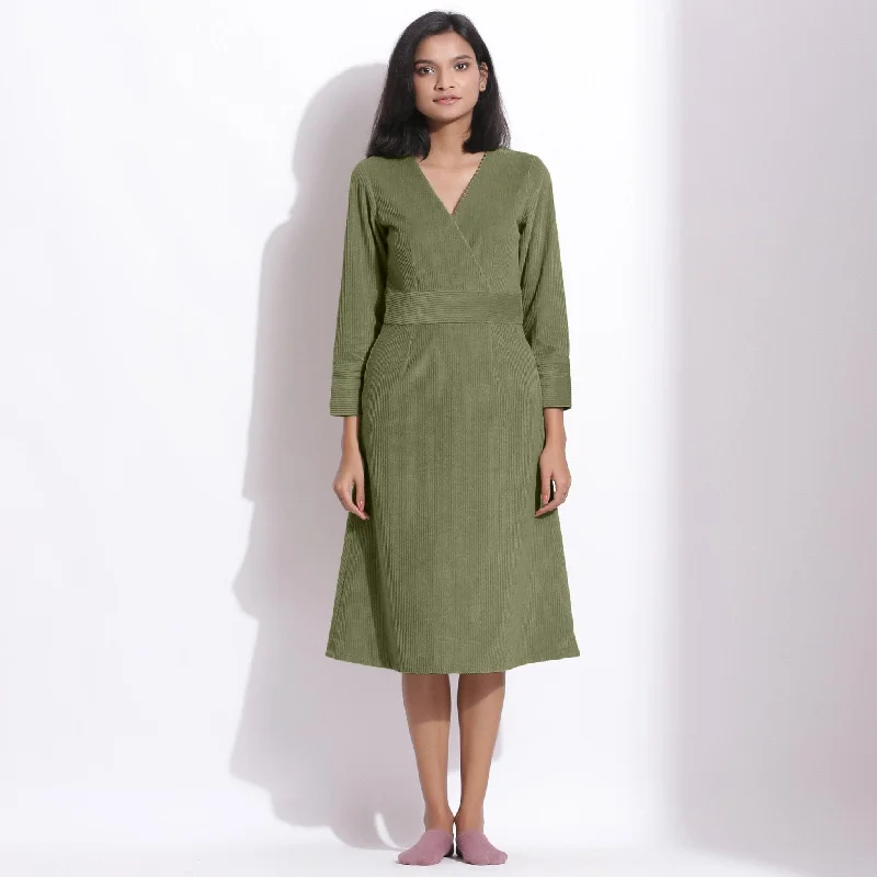Summer Selection Sage Green Warm Cotton Corduroy Knee Length Dress