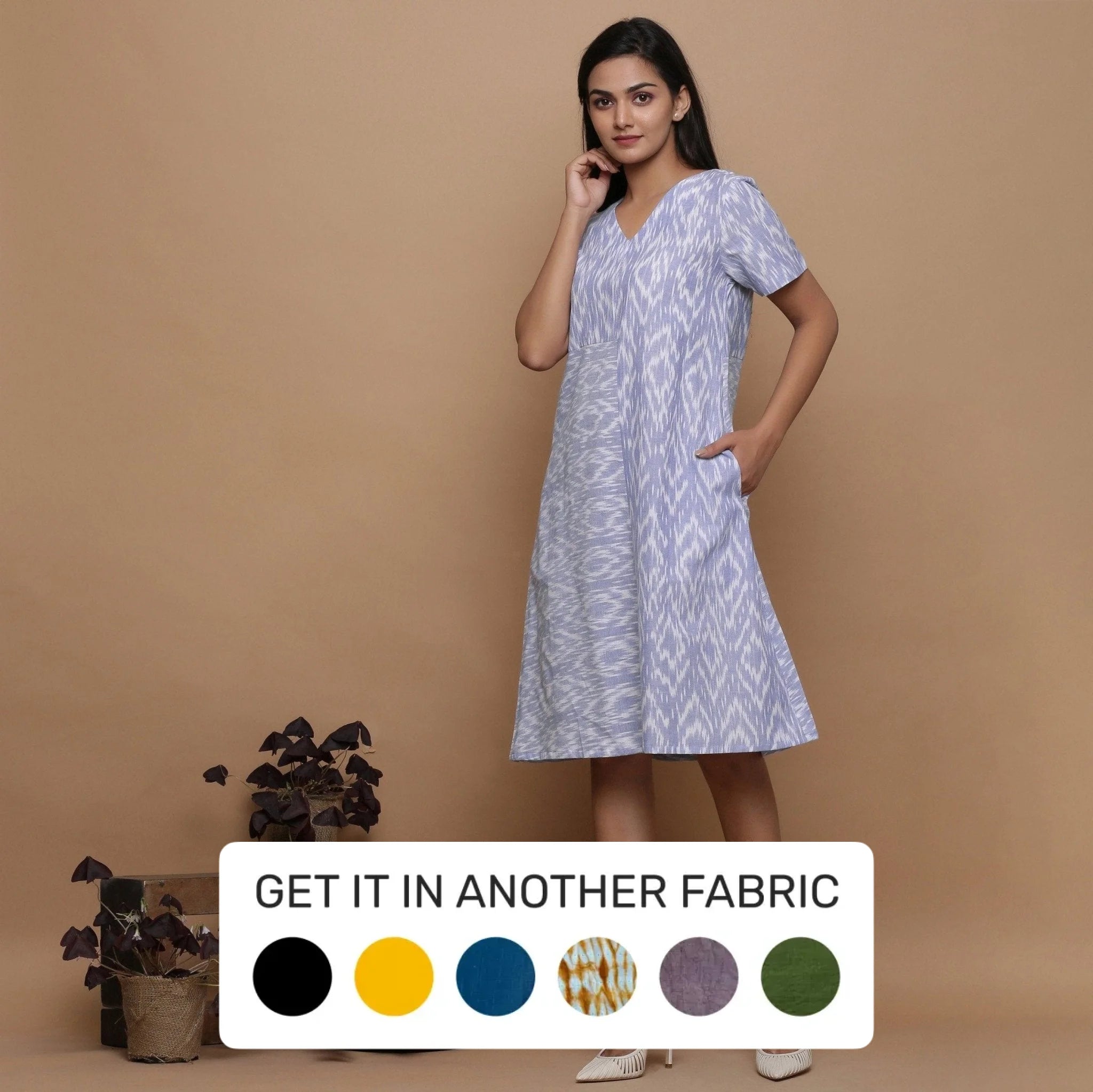 Bright Colors Powder Blue Handwoven Cotton Geometric Knee Length Dress