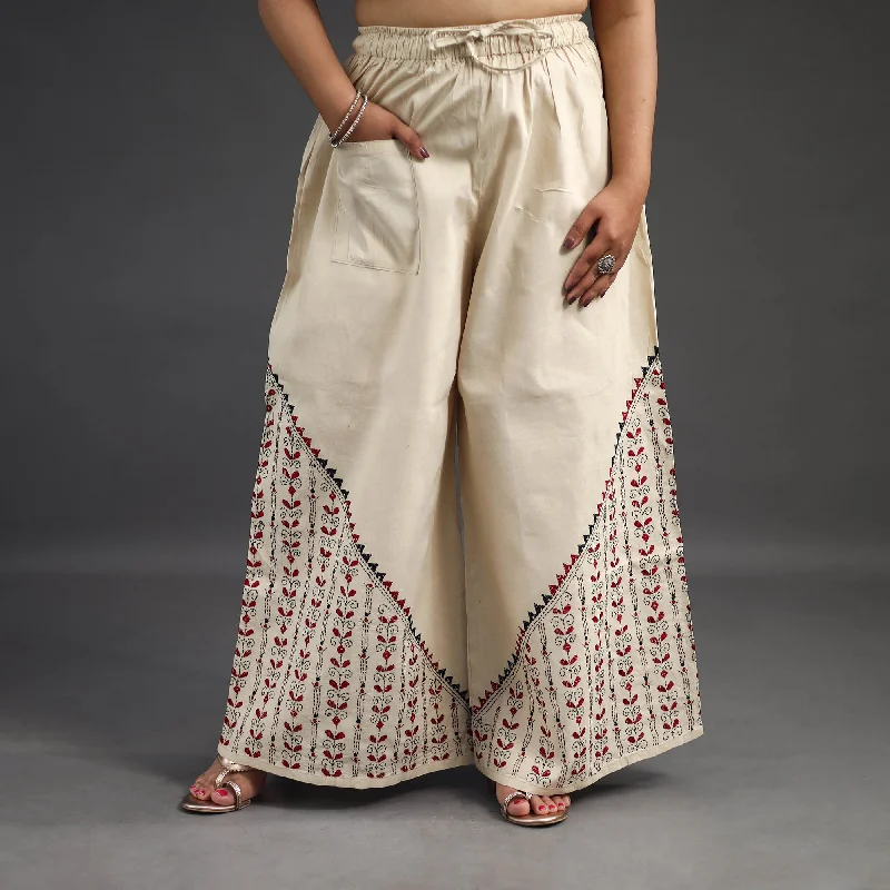 Casual Chic Wear Off White - Kantha Hand Embroidery Palazzo in Cotton 30