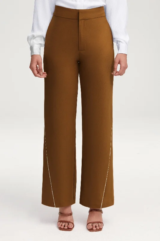 Relaxed Chic Brown Wide Leg Piping Detail Pants