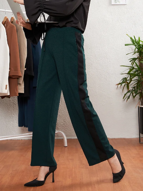 Cozy Lounge Wear Women Emerald Green Side Tape Straight Pants