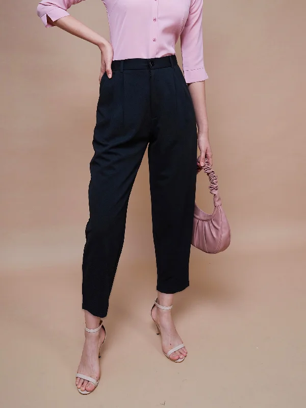 Elegant Dressing Women Black Stretch Knit Tapered Pants
