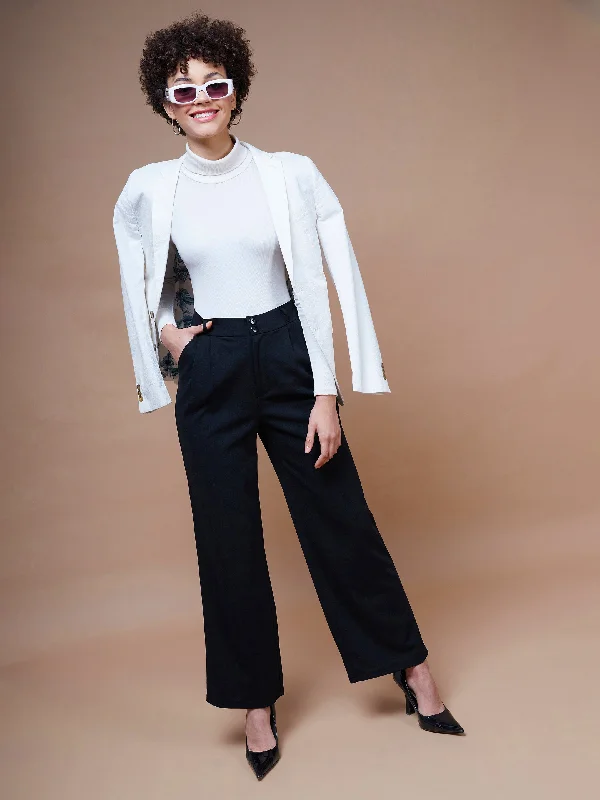 Soft Tops Women Black Pleated Straight Stretchable Pants