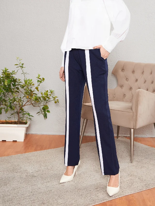 Sporty Comfort Women Navy Front Tape Bootleg Pants