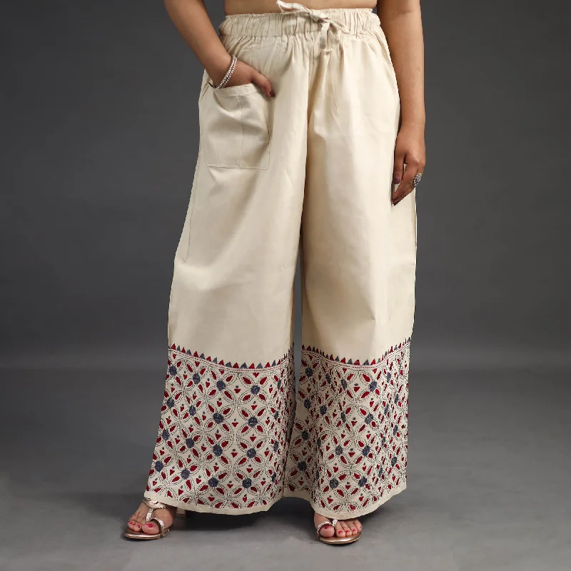 Weekend Comfort Off White - Kantha Hand Embroidery Palazzo in Cotton 28