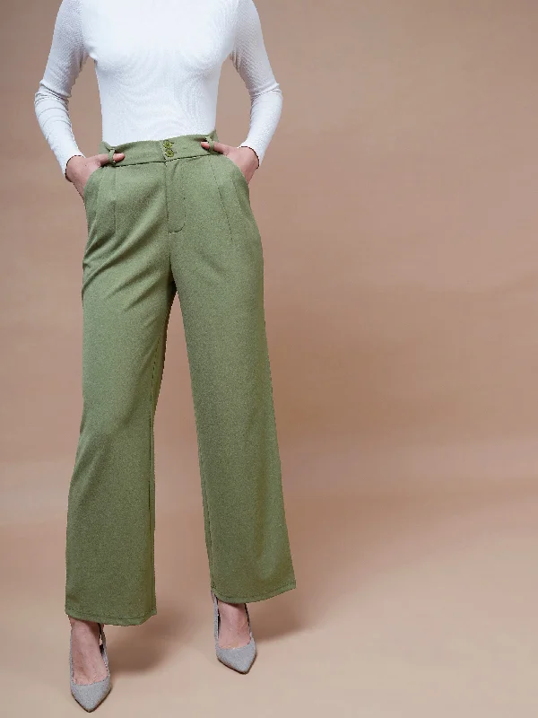 Casual Ease Women Olive Pleated Straight Stretchable Pants