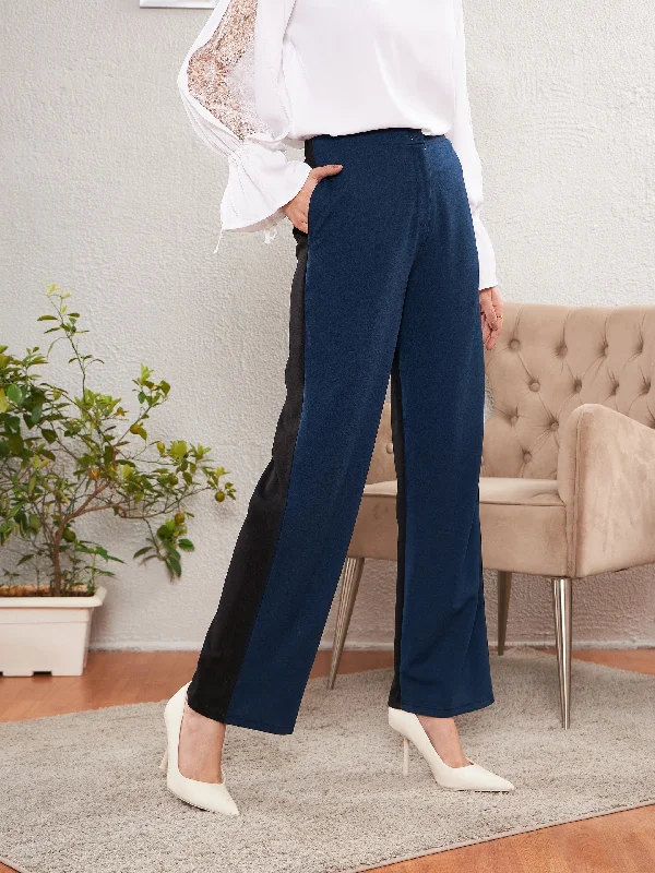 Cozy Footwear Women Blue & Black Color Block Straight Pants