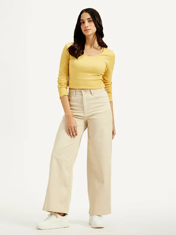 Fashion Concept Women's High Rise Vintage Chino Wide Leg Cream Jeans