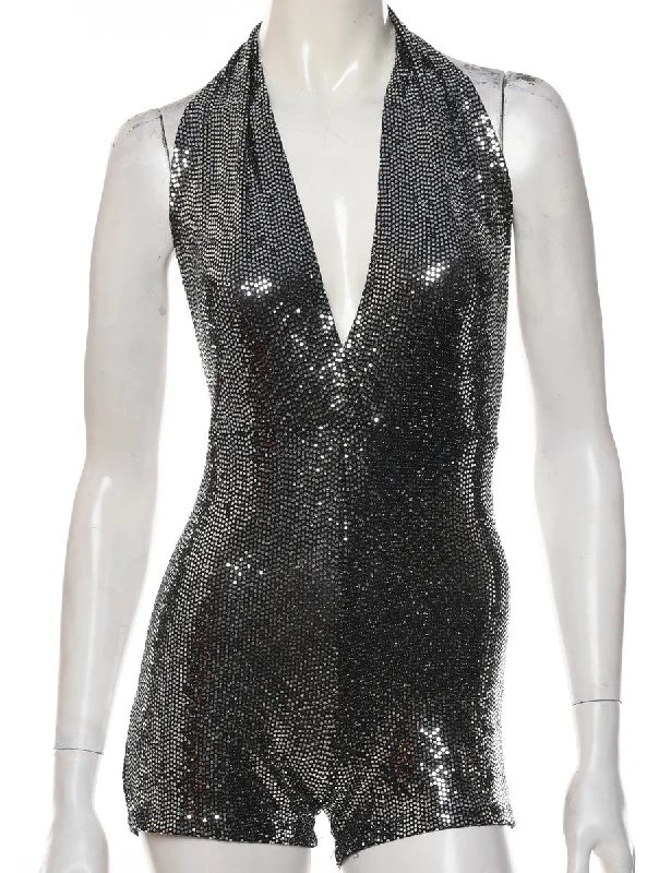 Stretch Design Backless Black & Silver Shiny Playsuit - S