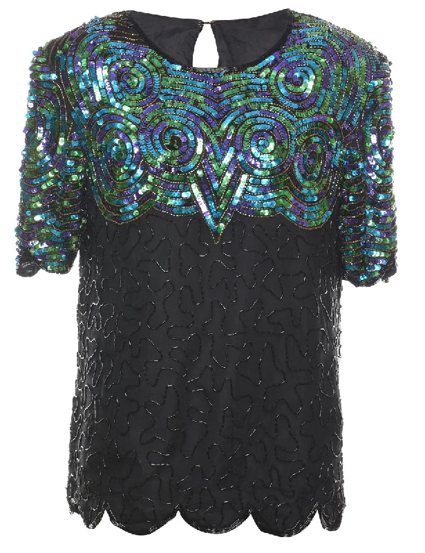 Versatile Casuals Beaded Black & Multi-Colour Evening Top - L