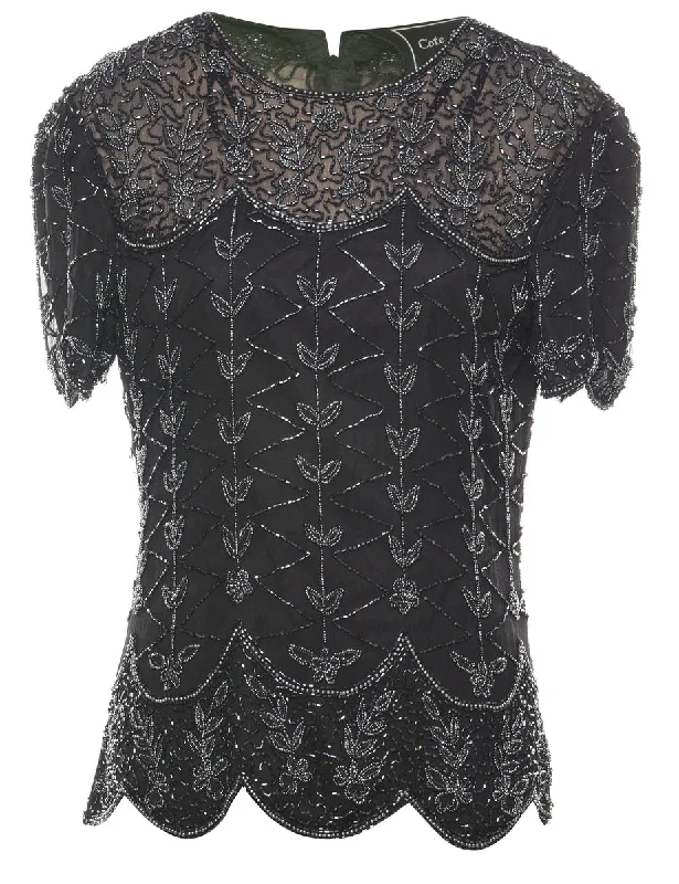 Sporty Wear Beaded Black & Silver Evening Top - M
