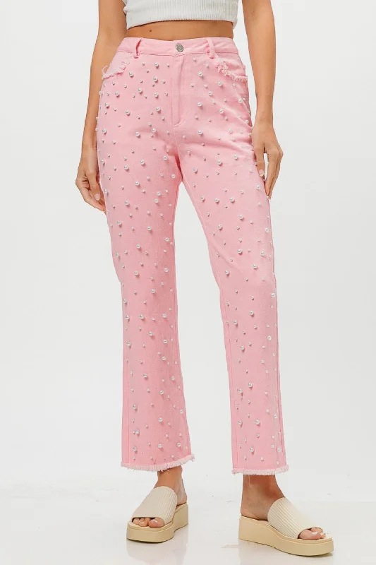 French Style BiBi Washed Pearl Embellished Pants