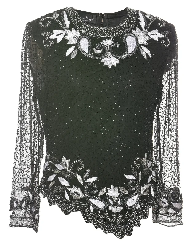 Warm Chic Outfits Black Beaded Silk Party Top - S