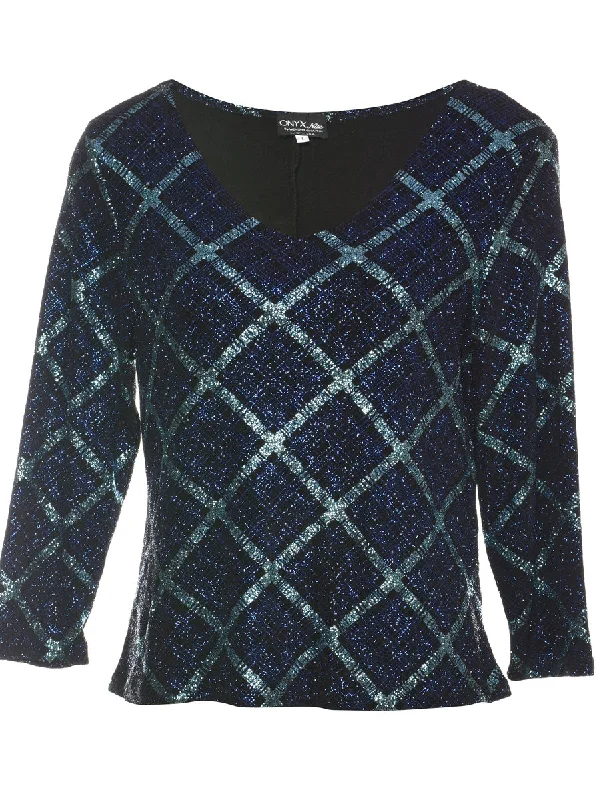 Everyday Style Black & Silver Metallic Checked Evening Top - M