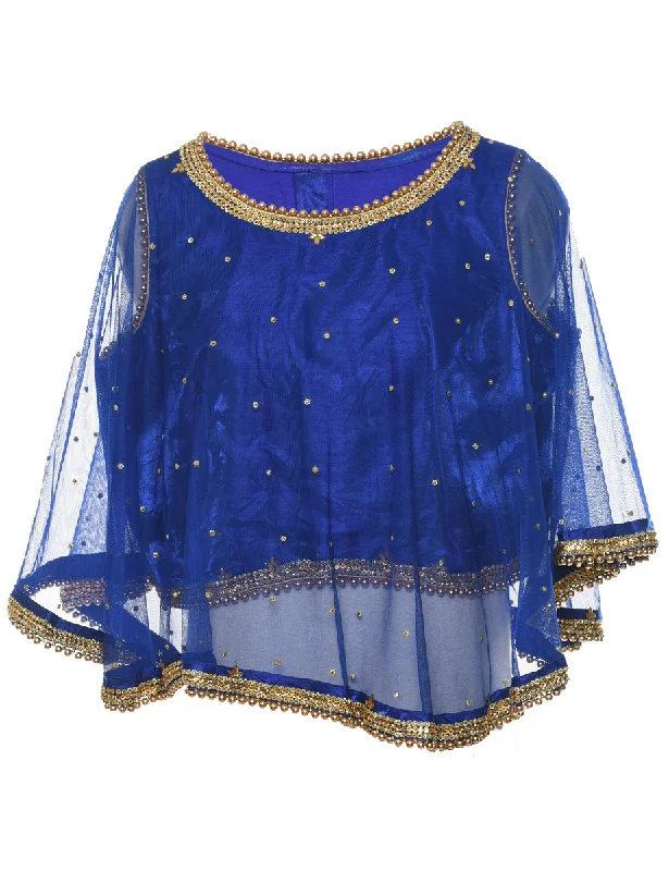 Youthful Street Fashion Blue & Gold Sparkly Sheer Evening Top - L