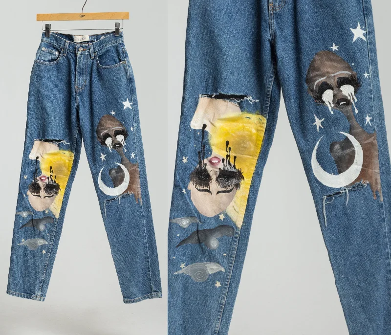 Sporty Elegance Celestial Women Sun & Moon Painted Jeans - Extra Small, 24""