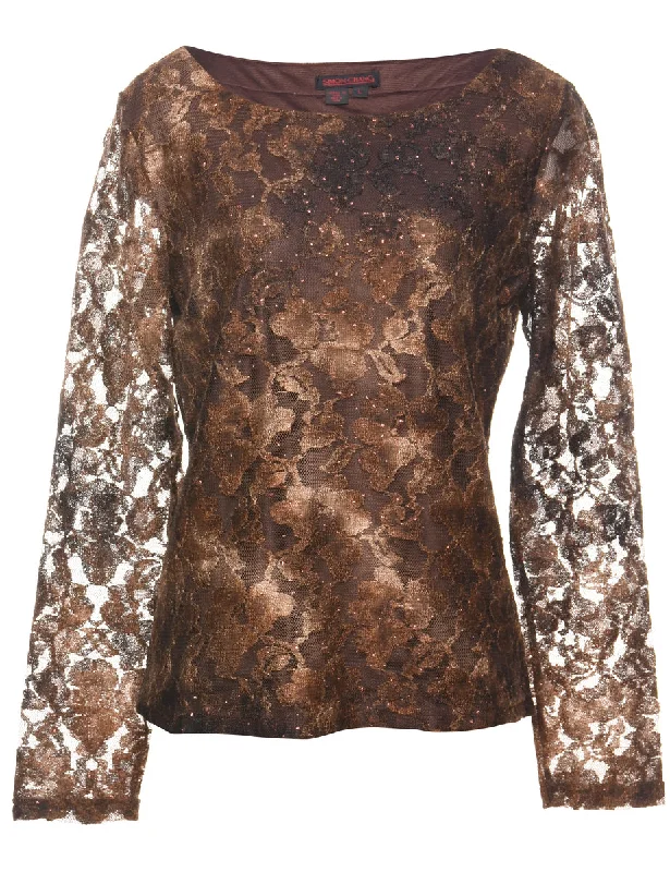 Soft Knitwear Floral Lace Y2K Brown Evening Top - L