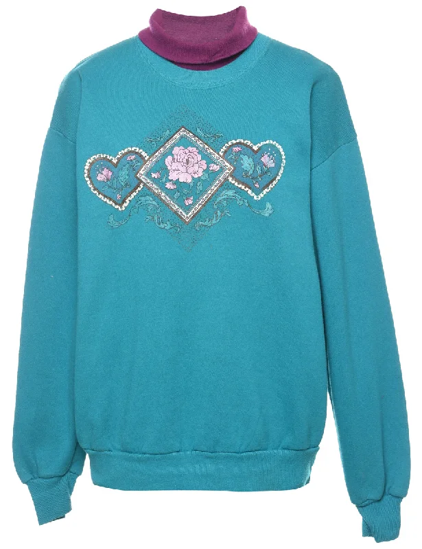 Sporty Elegance Floral Teal & Purple 1990s Printed Sweatshirt - L