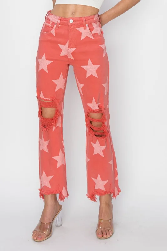 Cute Style RISEN Full Size Distressed Raw Hem Star Pattern Jeans