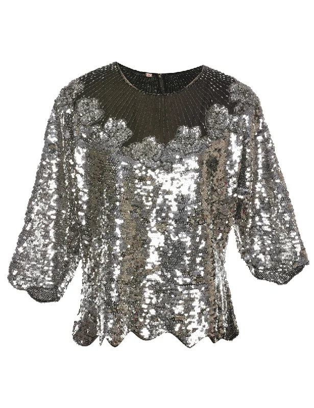 Eye-catching Personality Sequined & Beaded Party Top - L