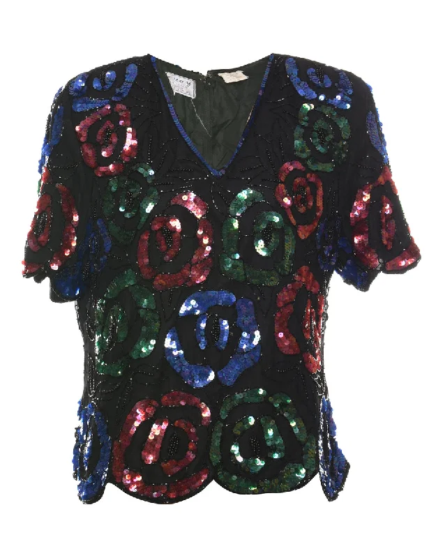 Elegant Style Sequined & Beaded Silk Party Top - L