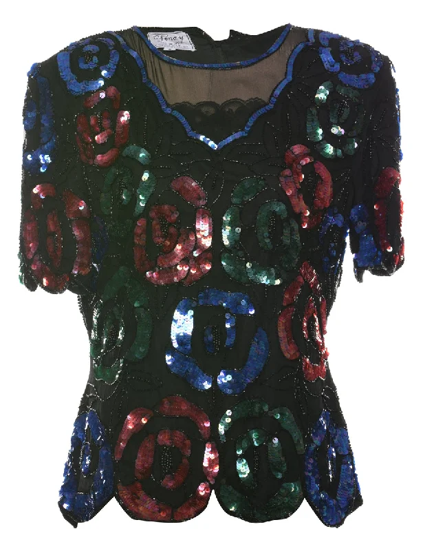 Celebrity Picks Sequined & Beaded Silk Party Top - S
