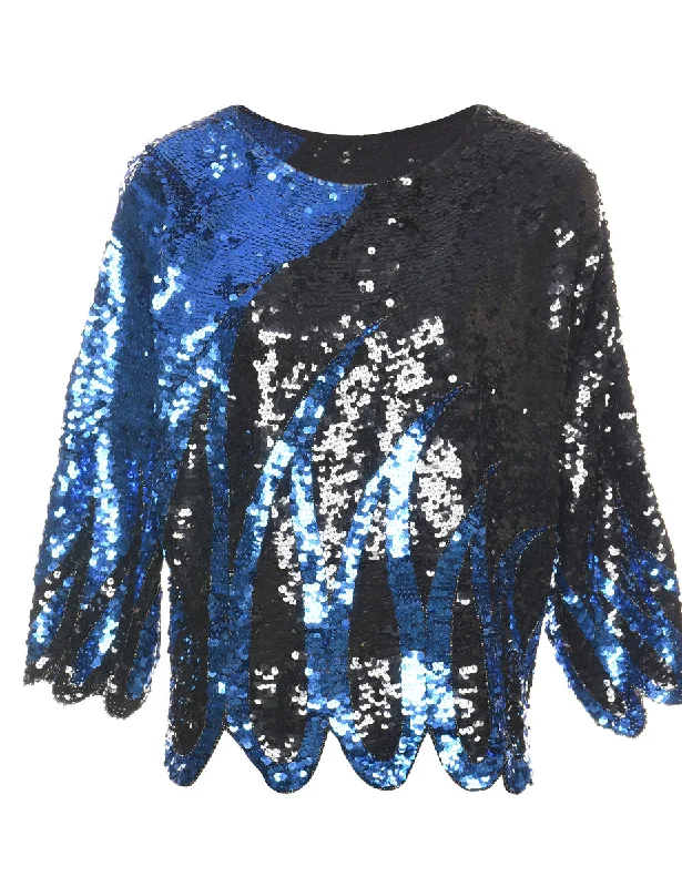 Easy-to-Wear Sequined Blue & Black Scalloped Edge Evening Top - L