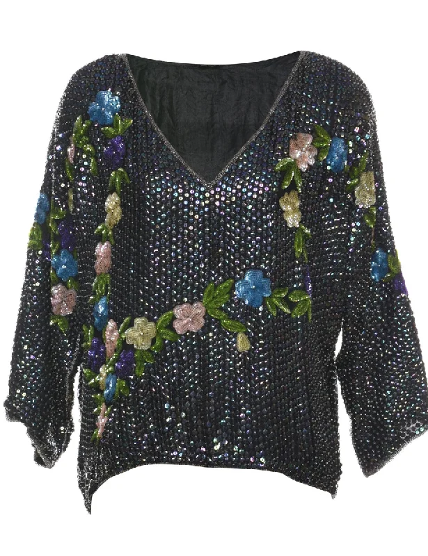 Simple Style Sequined Multi-Colour Floral Evening Top - L