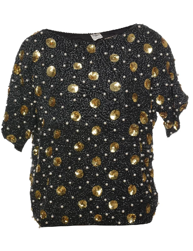 Comfortable Wear Silk Lurex Beaded Evening Top - L