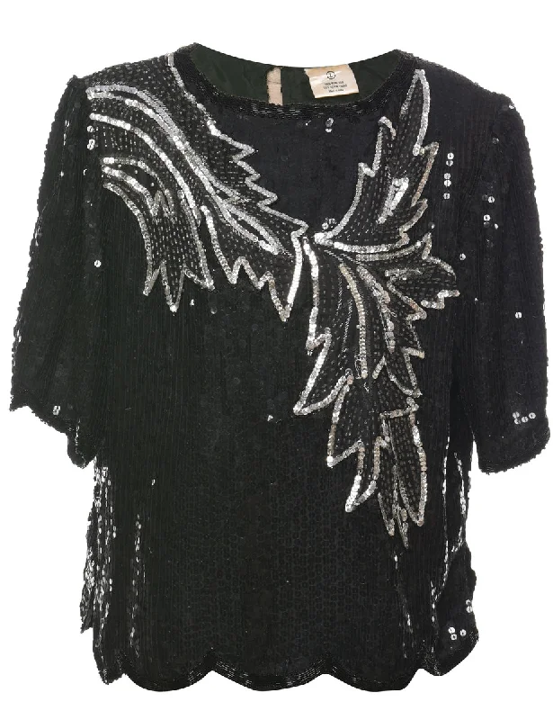 Easy Wear Chic Silk Sequined Evening Top - L